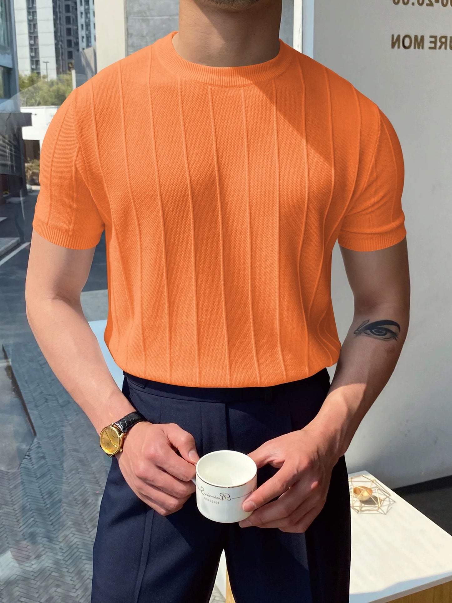 Men's Solid Color Stripe Pattern Knit T-shirt With Crew Neck And Short Sleeve, Casual And Fashionable Top For Men