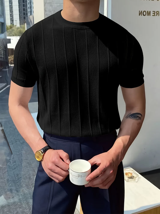 Solid Crew Neck Knitted Short Sleeve Sweater For Men, Casual Summer T-Shirt For Daily Wear And Vacation Resorts