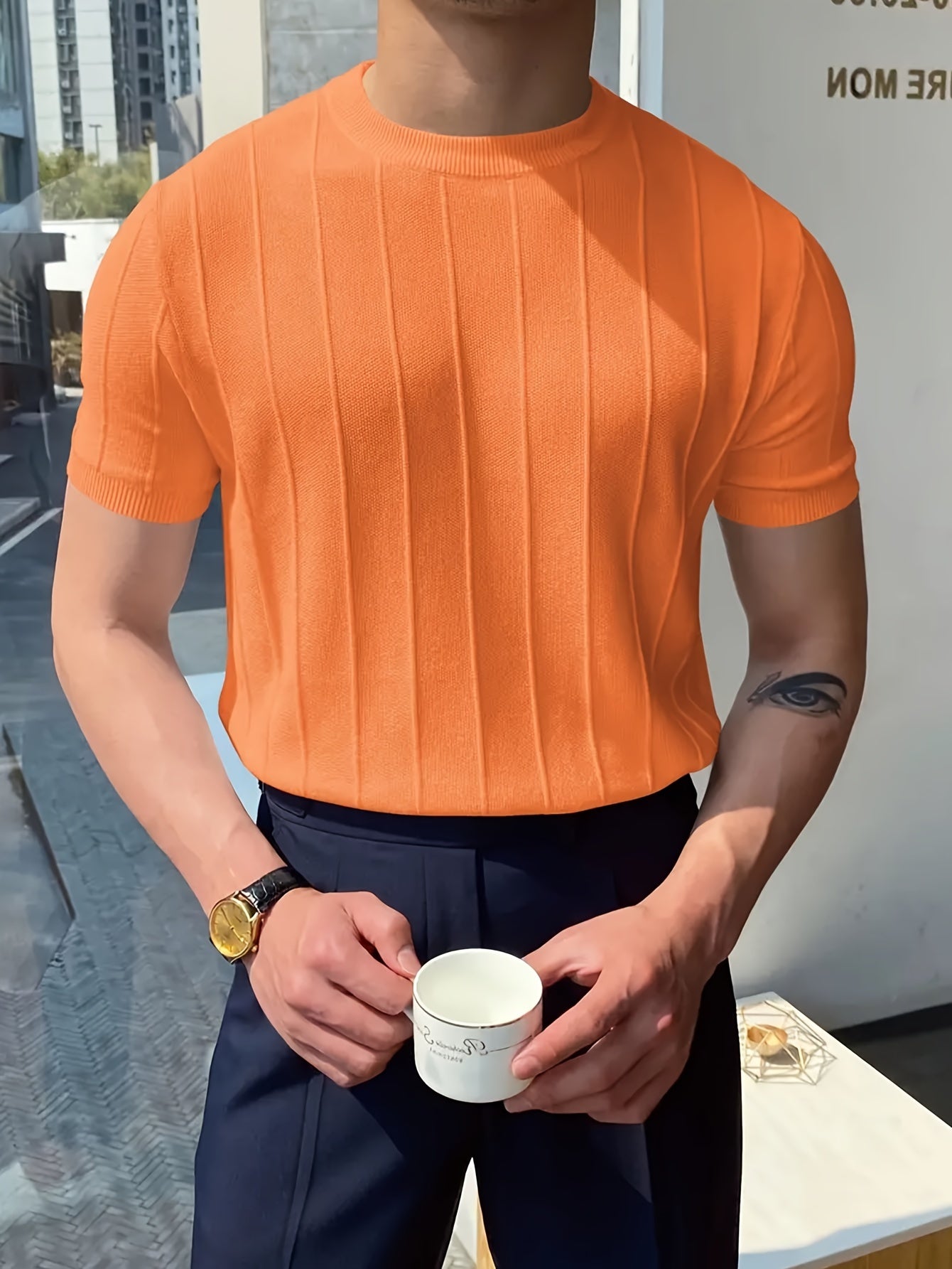 Solid Crew Neck Knitted Short Sleeve Sweater For Men, Casual Summer T-Shirt For Daily Wear And Vacation Resorts