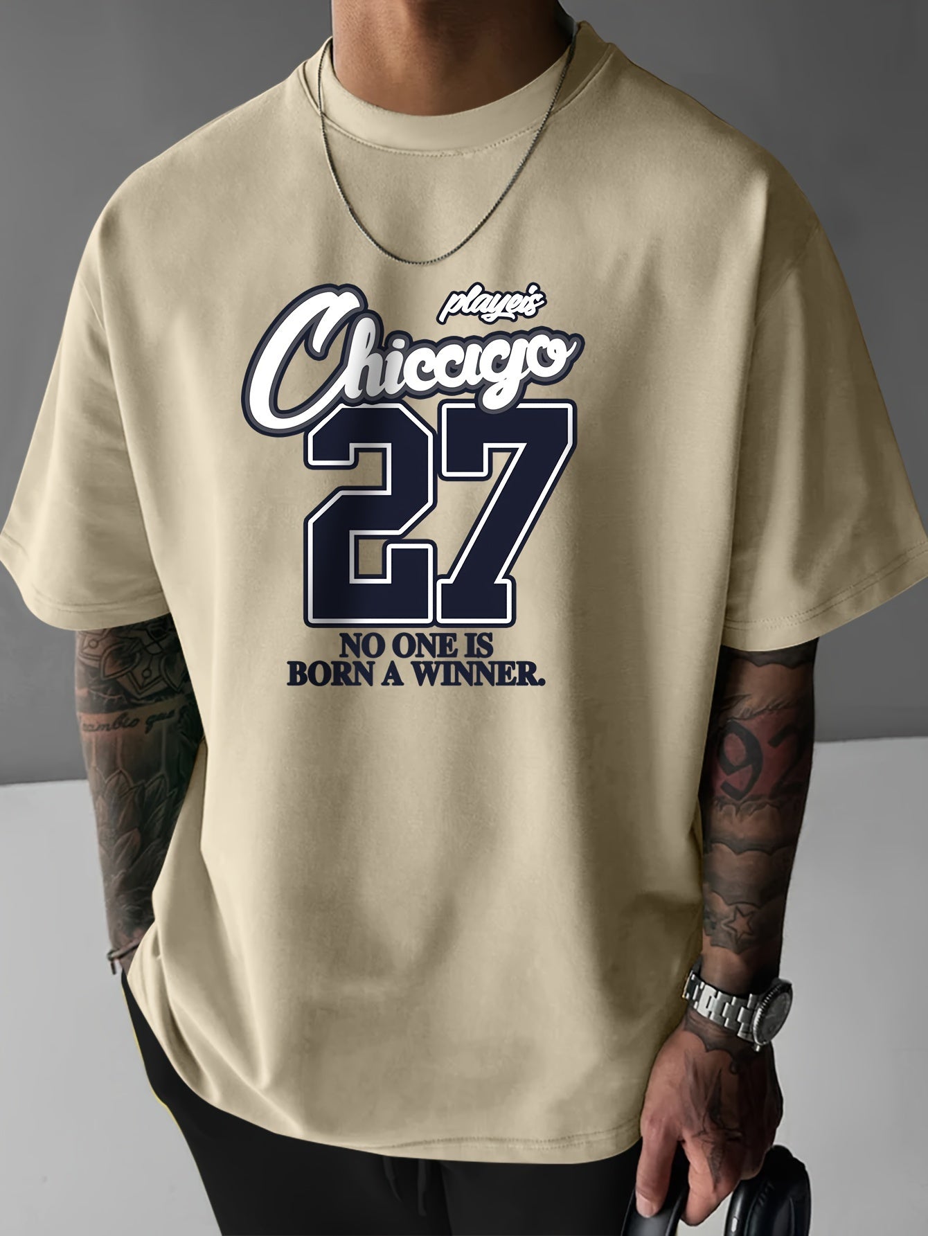 CHICAGO 27 Print, Men's Short Sleeve Round Collar Street Style T-shirt For Summer & Spring