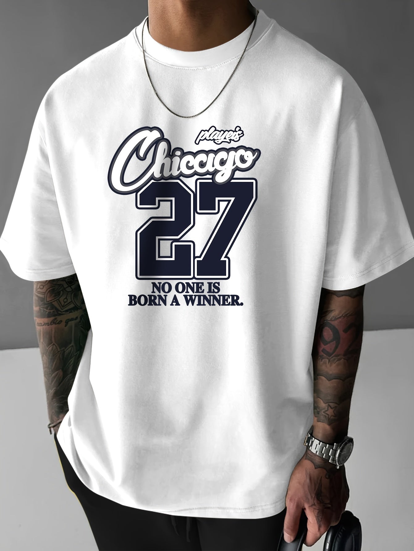 CHICAGO 27 Print, Men's Short Sleeve Round Collar Street Style T-shirt For Summer & Spring