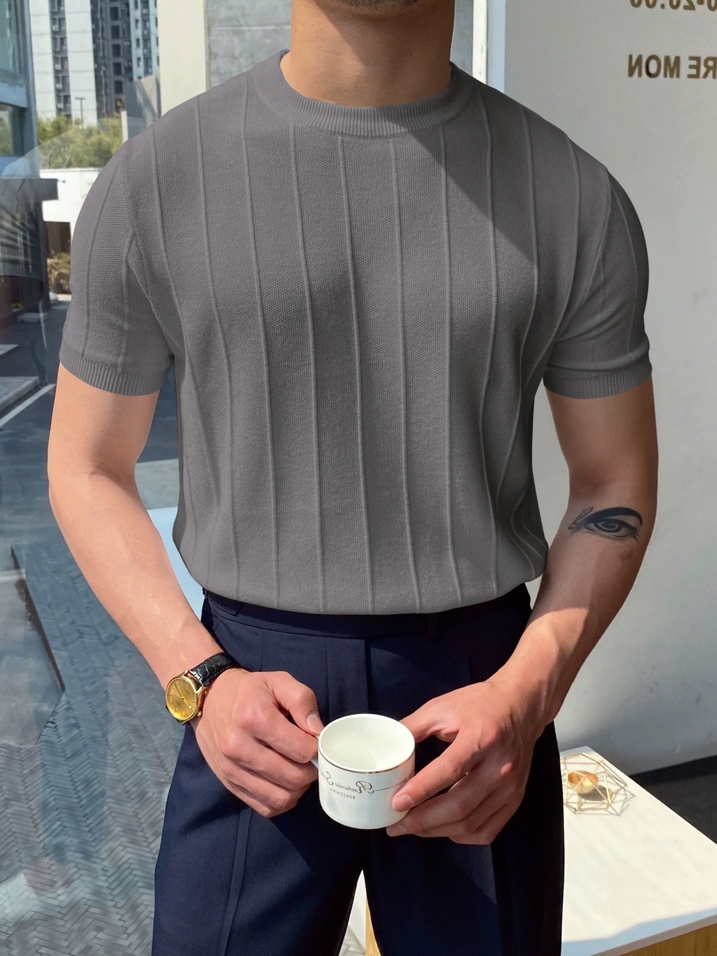 Men's Solid Color Stripe Pattern Knit T-shirt With Crew Neck And Short Sleeve, Casual And Fashionable Top For Men