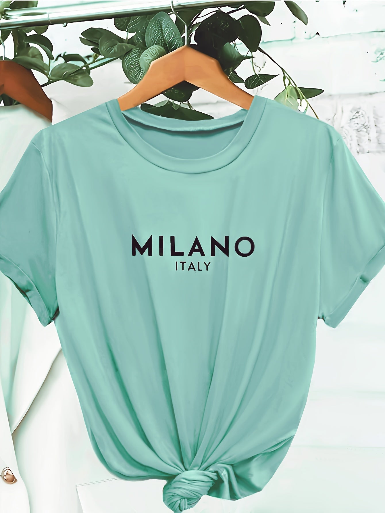 Milano Letter Print T-shirt, Casual Crew Neck Short Sleeve Top For Spring & Summer, Women's Clothing