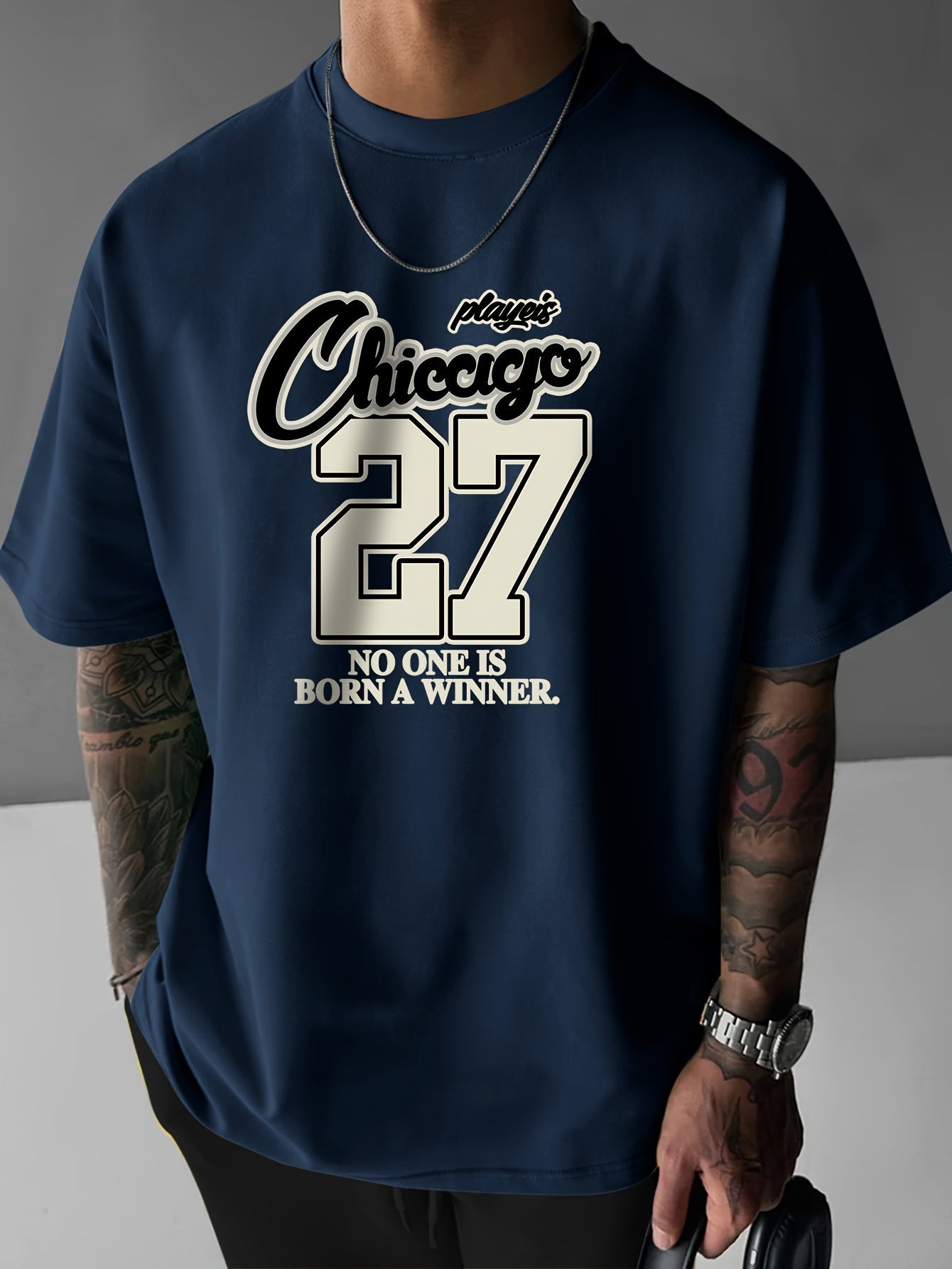 CHICAGO 27 Print, Men's Short Sleeve Round Collar Street Style T-shirt For Summer & Spring