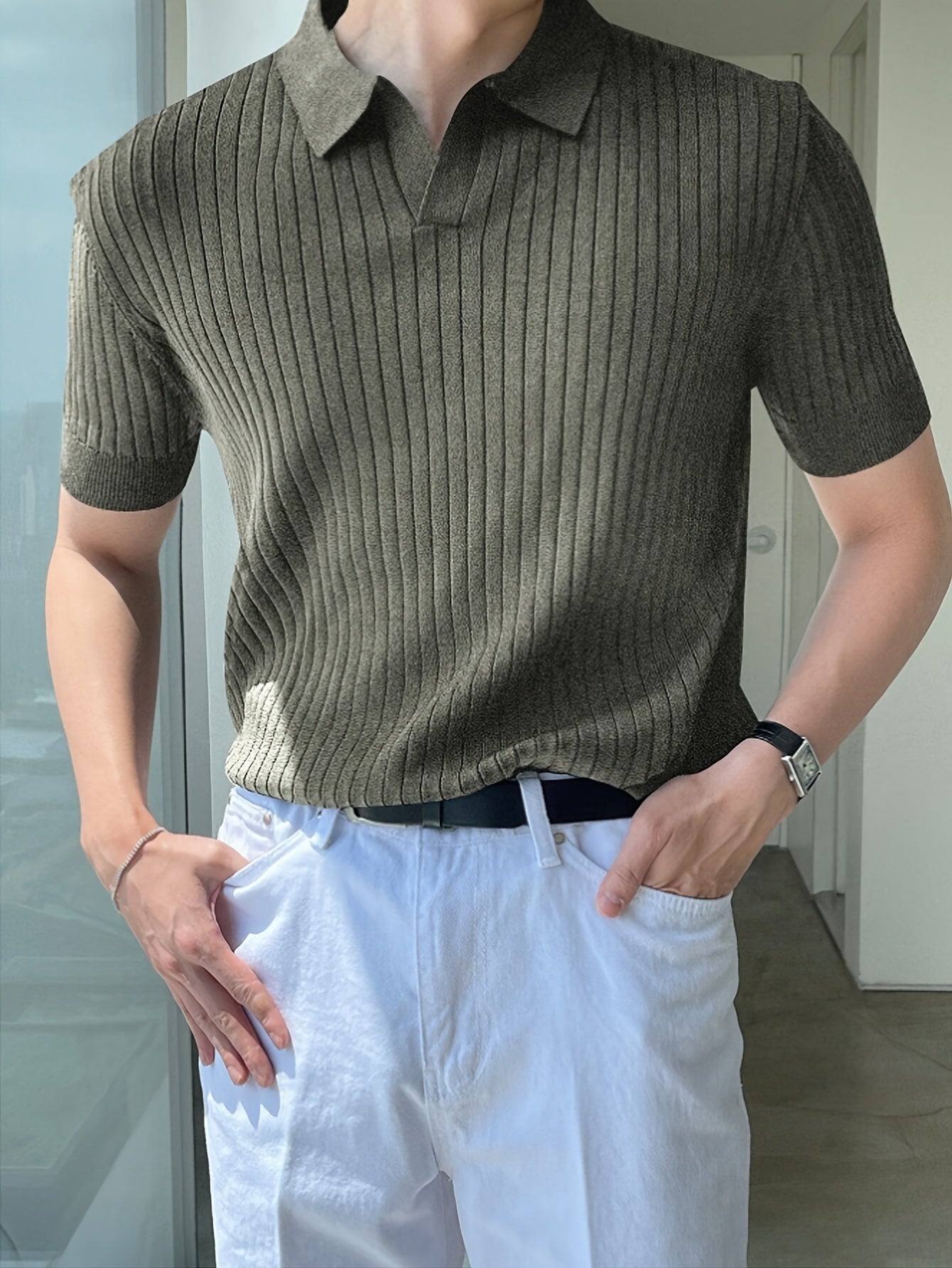 Men's Solid Knitted Short Sleeve Shirt, Ribbed Texture Short Sleeve V Neck Lapel Shirt, Casual Fashion Summer Top