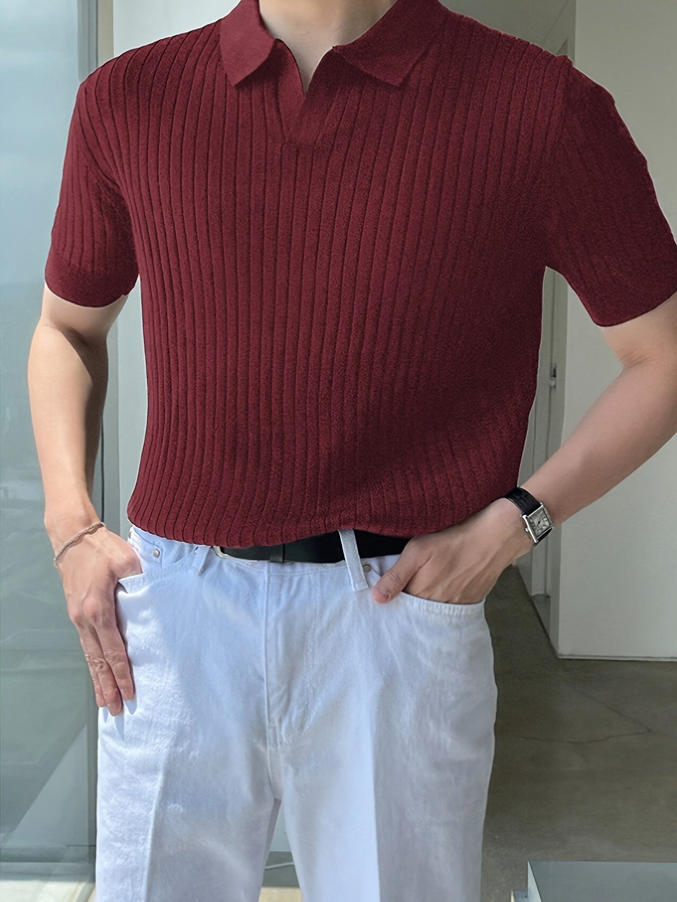 Men's Solid Knitted Short Sleeve Shirt, Ribbed Texture Short Sleeve V Neck Lapel Shirt, Casual Fashion Summer Top