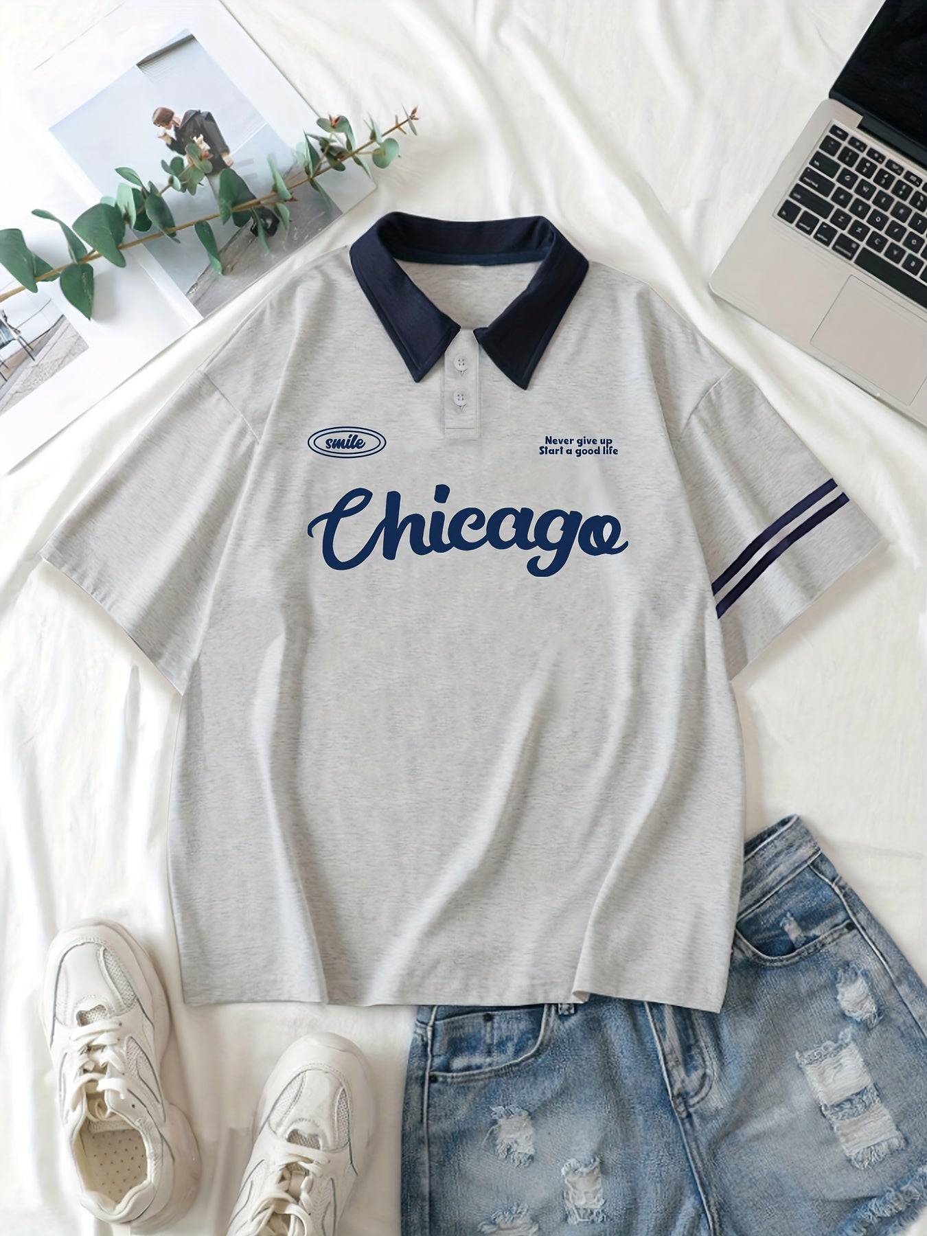 Chicago Letter Graphic Casual Style Women's Fashion Versatile Short Sleeve Golf Polo Shirt Women's Activewear