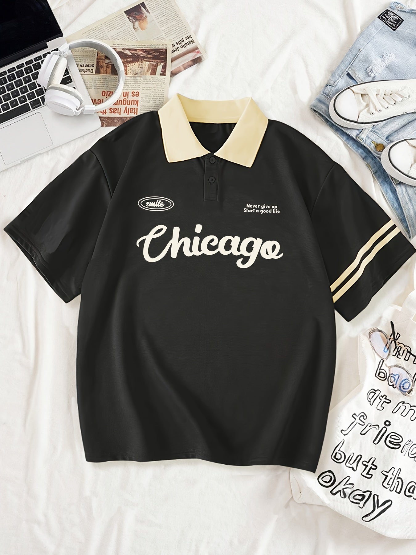 Chicago Letter Graphic Casual Style Women's Fashion Versatile Short Sleeve Golf Polo Shirt Women's Activewear