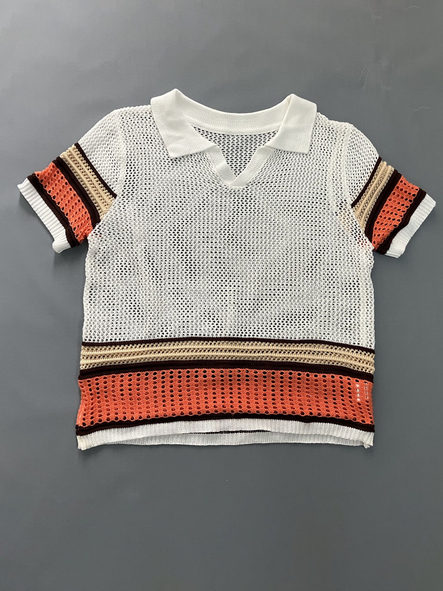 Men's Fashion Stripe Pattern Design Knitted Short Sleeve Golf Shirt, Breathable Casual Summer Tops For Daily Street Wear