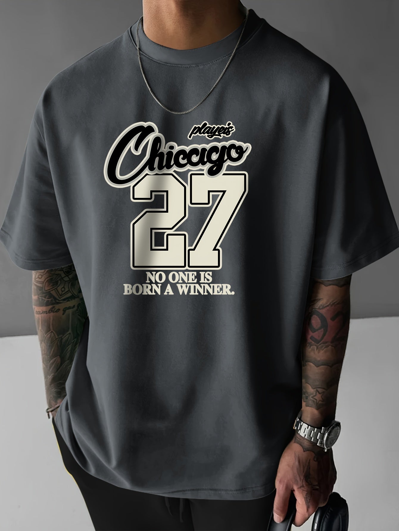 CHICAGO 27 Print, Men's Short Sleeve Round Collar Street Style T-shirt For Summer & Spring