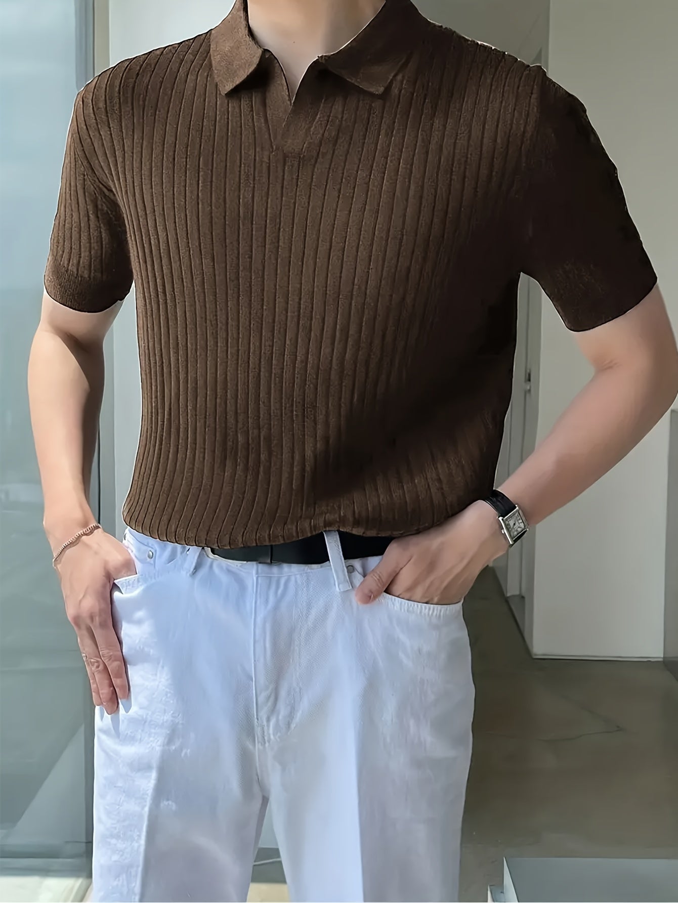 Men's Solid Knitted Short Sleeve Shirt, Ribbed Texture Short Sleeve V Neck Lapel Shirt, Casual Fashion Summer Top