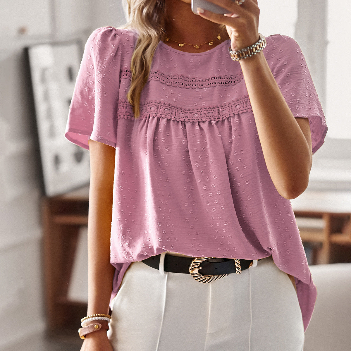 Women's Shirt Round Neck Short Sleeve Top