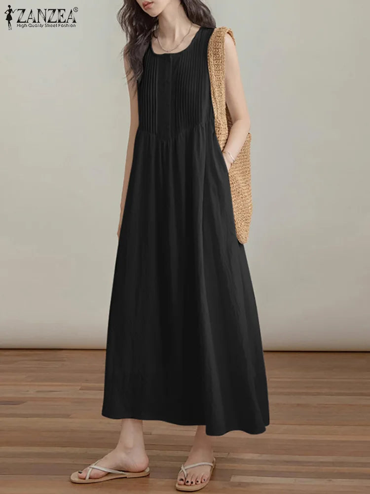 ZANZEA 2024 Summer Holiday Long Dress Solid Sleeveless Dresse