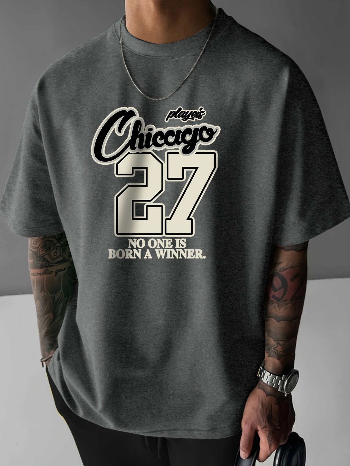 CHICAGO 27 Print, Men's Short Sleeve Round Collar Street Style T-shirt For Summer & Spring