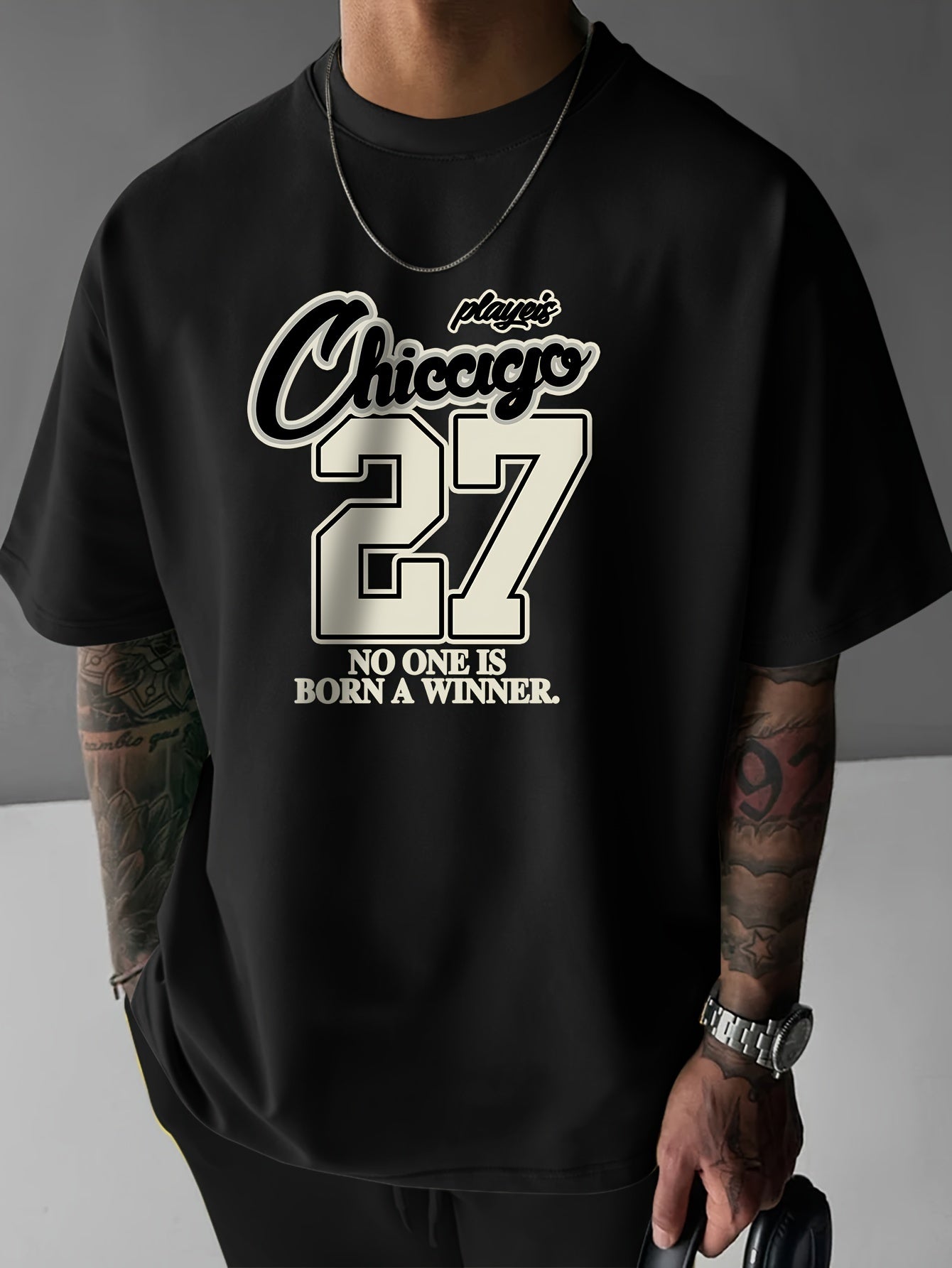 CHICAGO 27 Print, Men's Short Sleeve Round Collar Street Style T-shirt For Summer & Spring