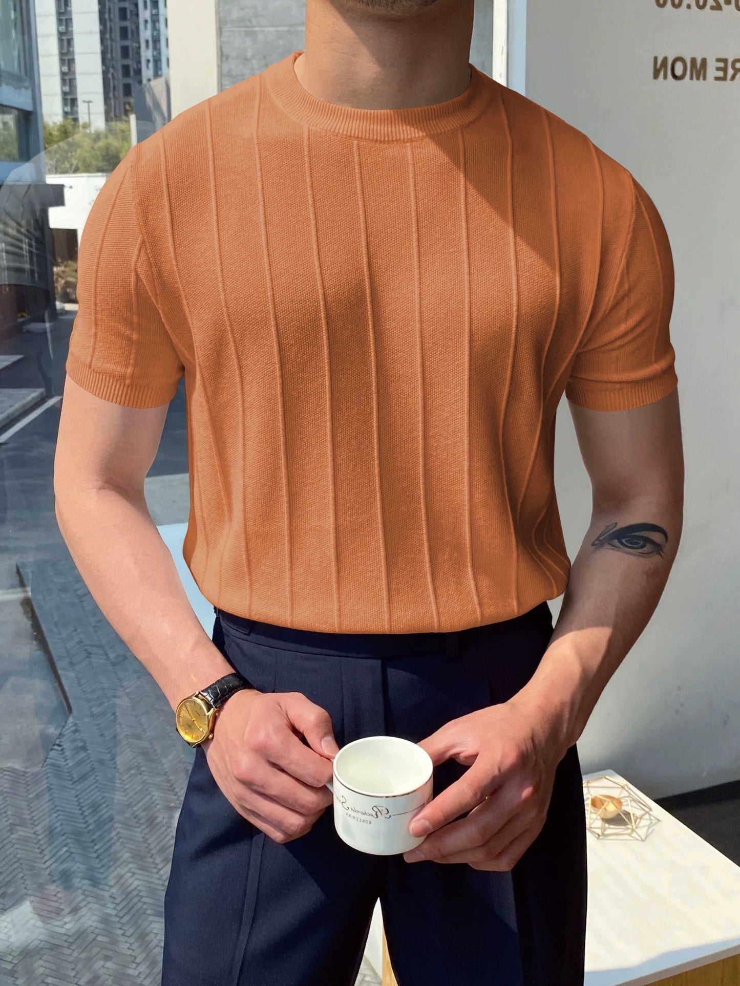 Men's Solid Color Stripe Pattern Knit T-shirt With Crew Neck And Short Sleeve, Casual And Fashionable Top For Men