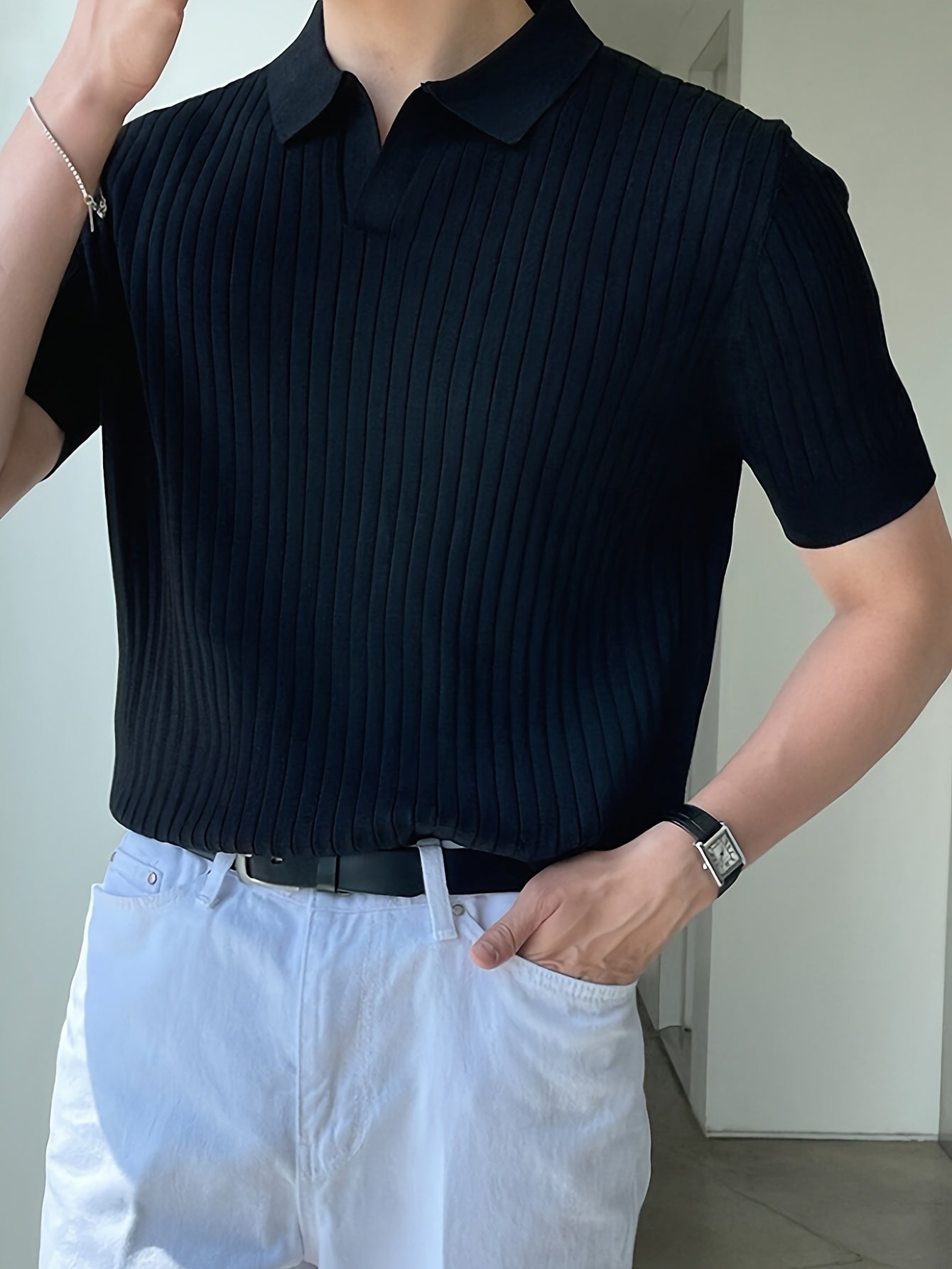 Men's Solid Knitted Short Sleeve Shirt, Ribbed Texture Short Sleeve V Neck Lapel Shirt, Casual Fashion Summer Top