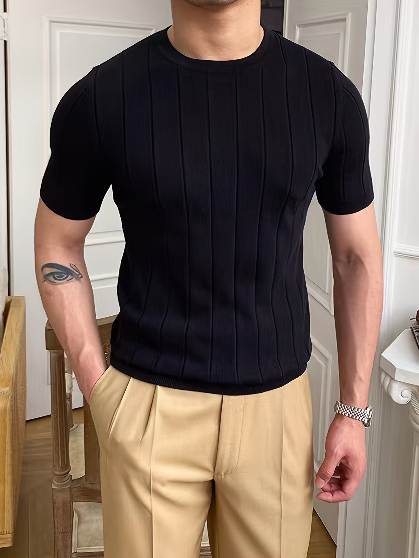 Men's Classic Ribbed Knit Crew Neck Short Sleeve Tee, Casual Style, Breathable Summer Top