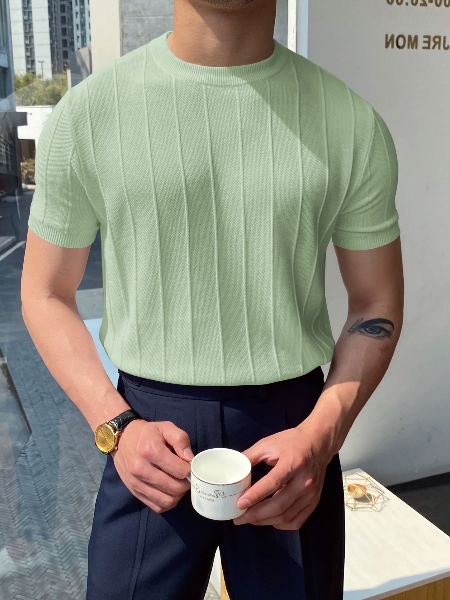 Men's Solid Color Stripe Pattern Knit T-shirt With Crew Neck And Short Sleeve, Casual And Fashionable Top For Men