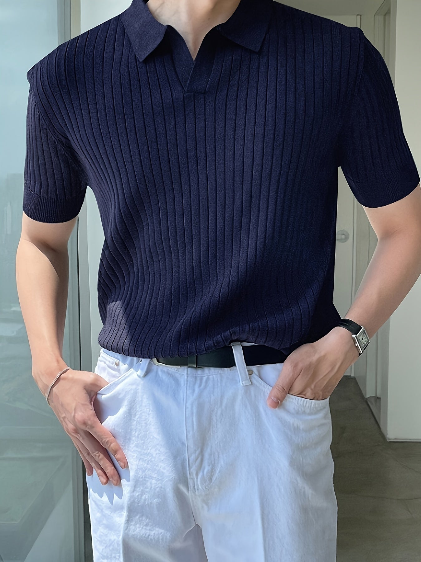 Men's Solid Knitted Short Sleeve Shirt, Ribbed Texture Short Sleeve V Neck Lapel Shirt, Casual Fashion Summer Top